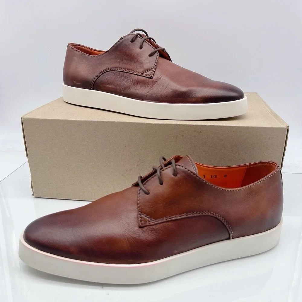 Santoni Atlantis Lace Up Plain Toe Dress Sneakers Shoes Dark Brown Leather US 8